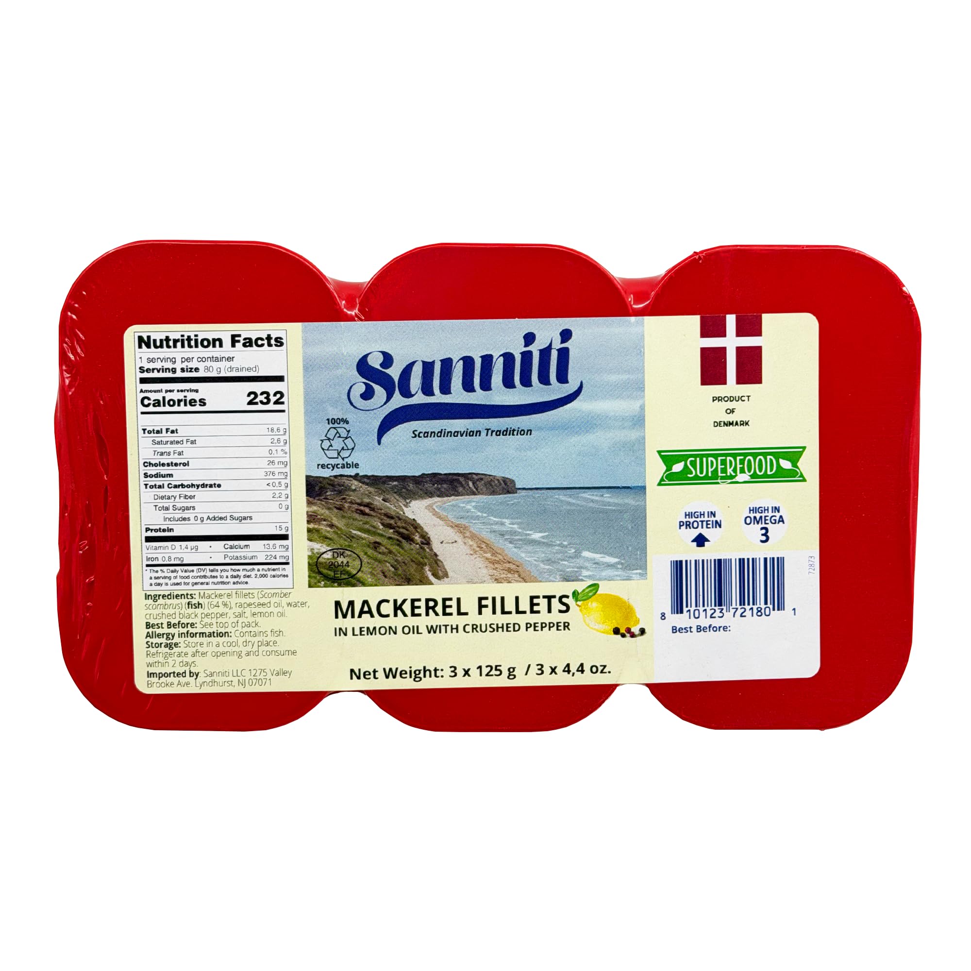 Sanniti Mackerel Fillets in Lemon Oil with Crushed Pepper | Super Food | High in Protein | High in Omega 3, 4.4 oz (Pack of 3)