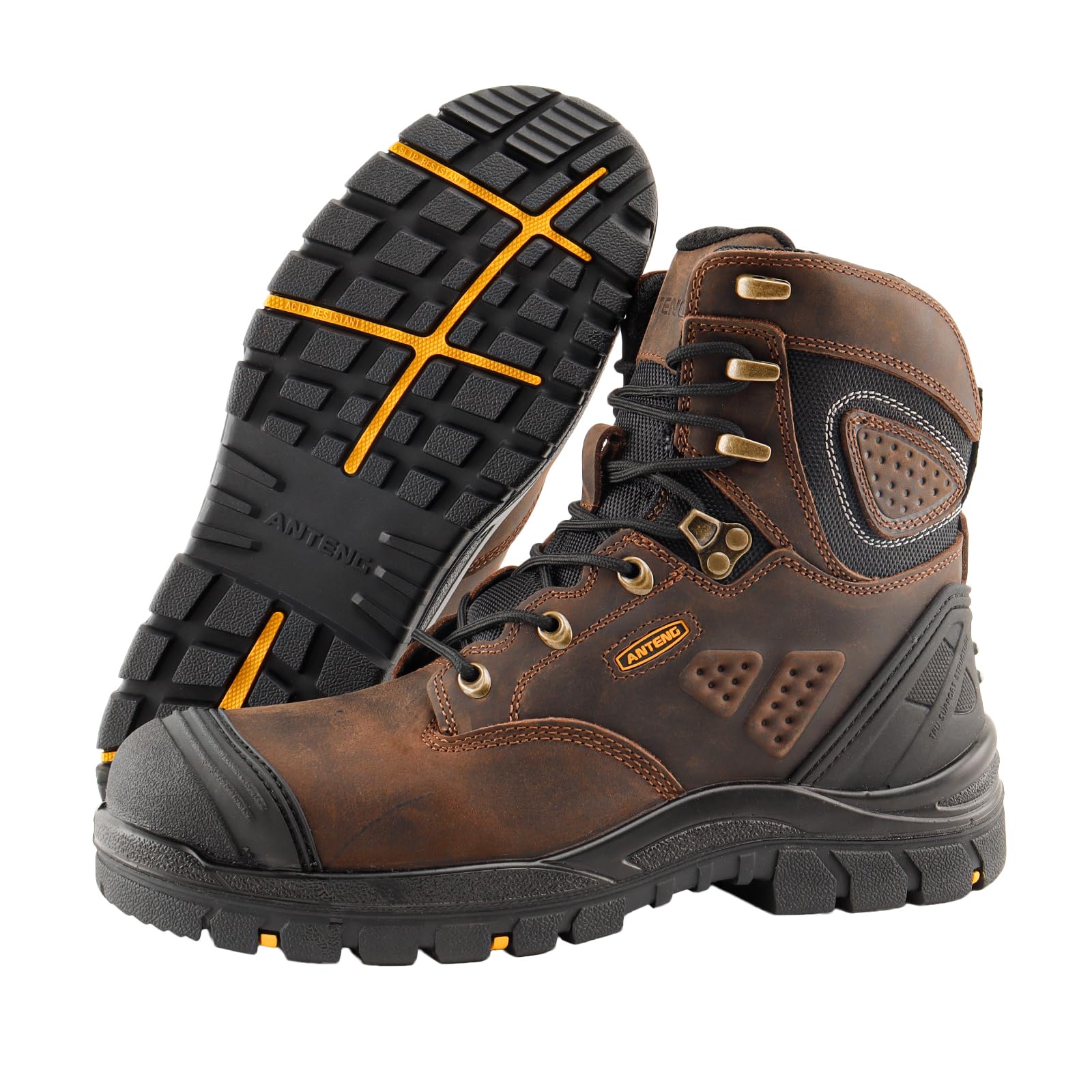 ANTENG Men's Work Boots, Oiled Nubuck Leather Steel Toes