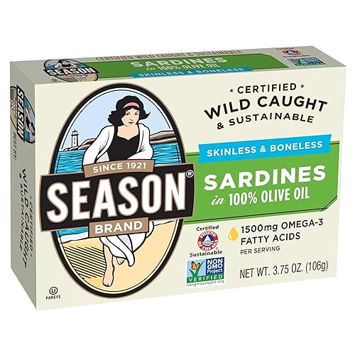 Season Sardinas enérgicas en aceite de oliva  capturadas en la naturaleza, 0.35 onzas de proteína, bocadillos Keto, más Omega 3 que atún, Kosher,