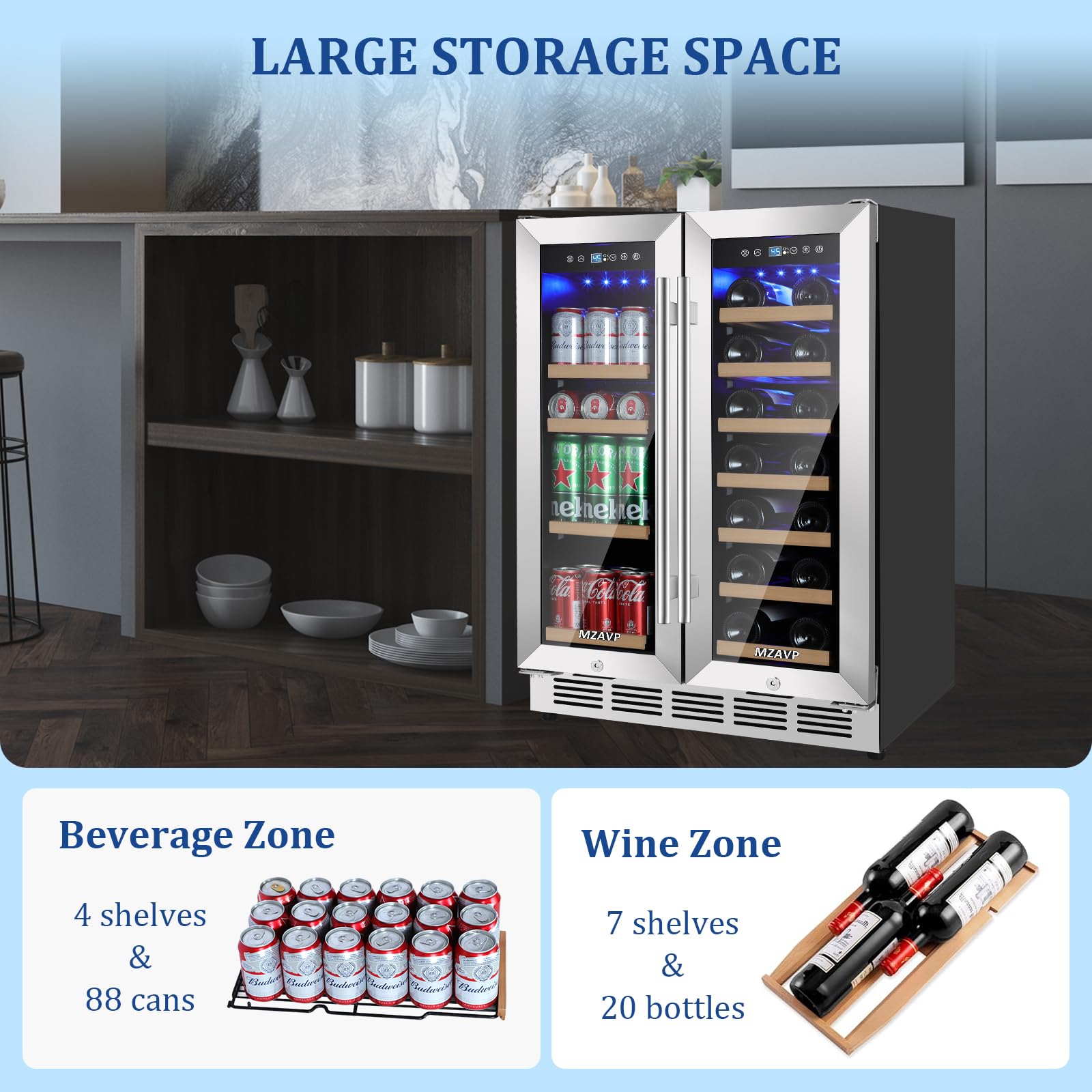 Mzavp 24 Inch Wine And Beverage Refrigerator, Dual Zone Beverage Cooler With Glass Door, Built-In Or Freestanding Wine Fridge With Fast Cooling, 20 Bottles And 88 Cans Large Capacity on Fridge.com - View 4