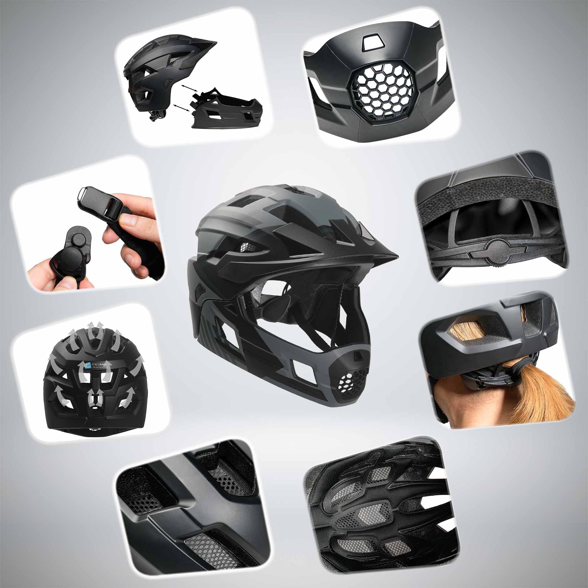 Crazy Safety Casque Vélo Intégral - Gris | pour BMX, VTT, Trottinette | Casque Enfant avec Design 2-en-1 et mentonnière Amovible | Casque de Motocross Taille M 54-57 cm | Léger et Durable