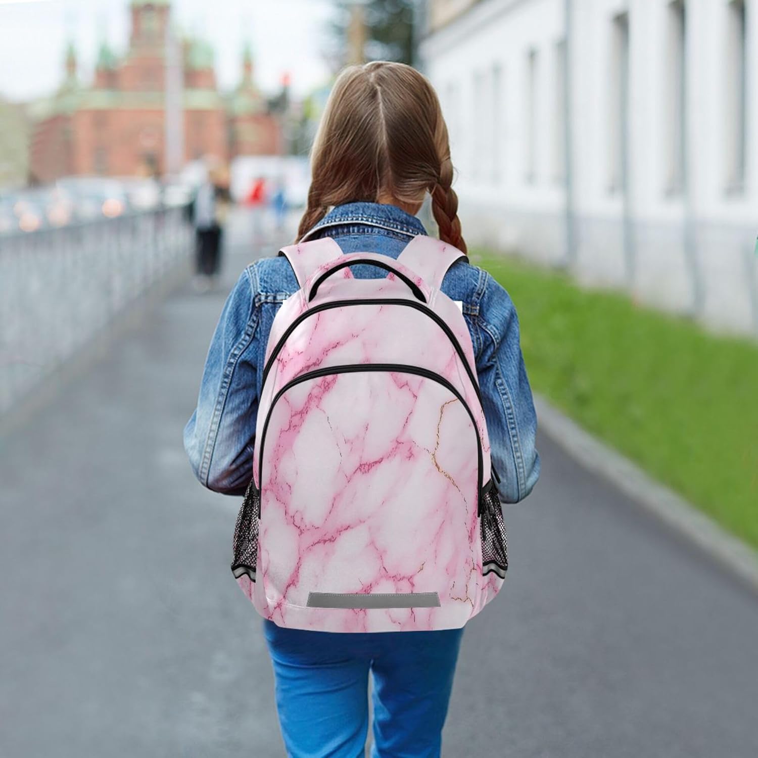 MNSRUU School Backpack with Chest Strap, Pink Marble Pattern Laptop Backpack, Travel Hiking Backpack for Boys Girls, Rucksack, Knapsack One Size
