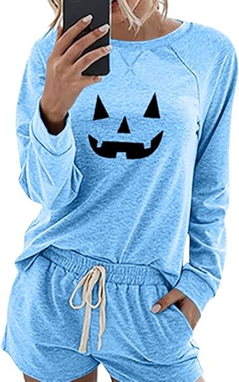 GOHRSHA Halloween Pajamas Women Drawstring Baggy Shorts Set Long Sleeve Pumpkin Graphic Crewenck Shirt Comfy Fall Lounge Sets
