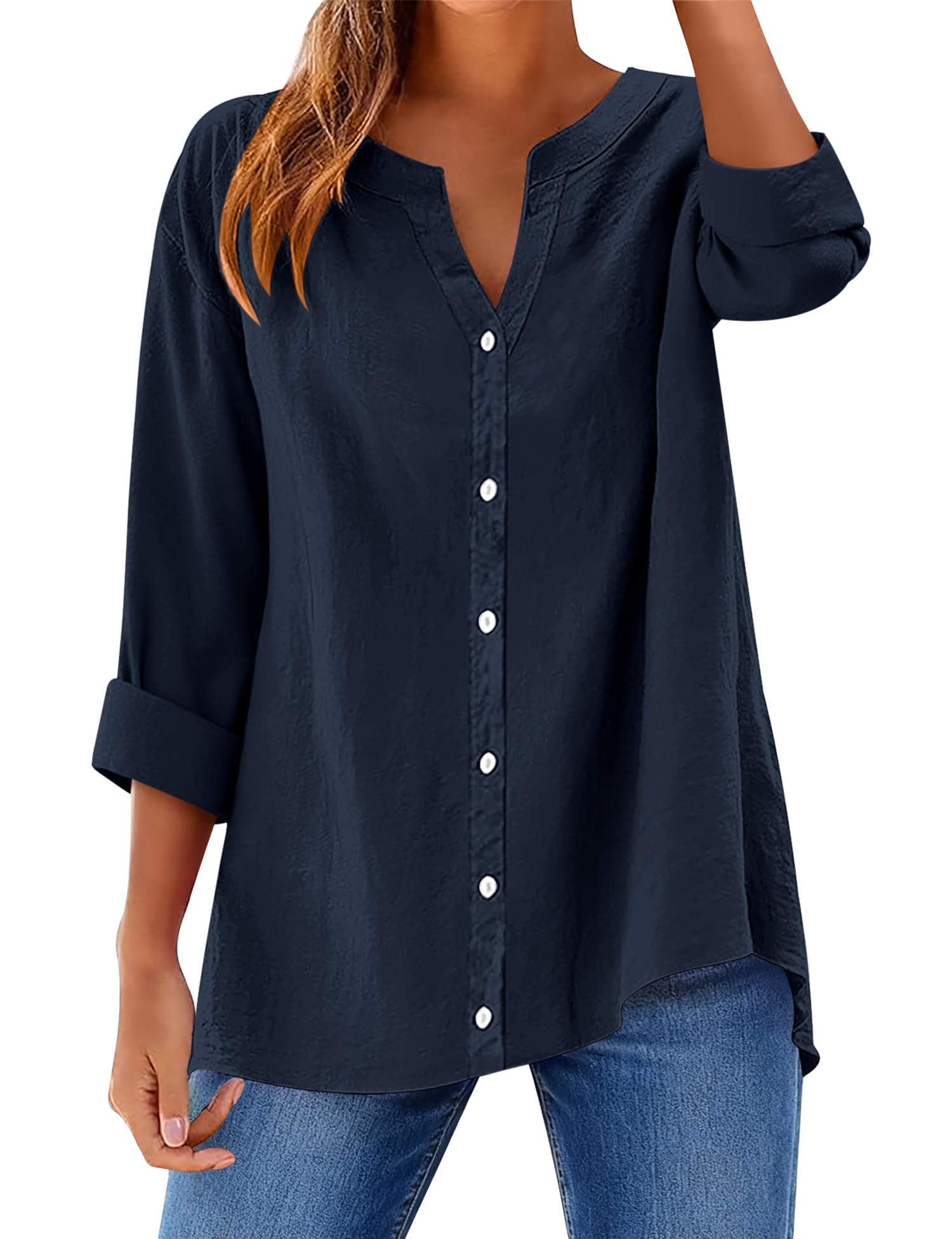 Rapbin Bluse Damen Elegant Baumwolle V-Ausschnitt Hemdbluse Langarm Button Down Lose Langarmshirt Einfarbig Oberteile Blusenshirt