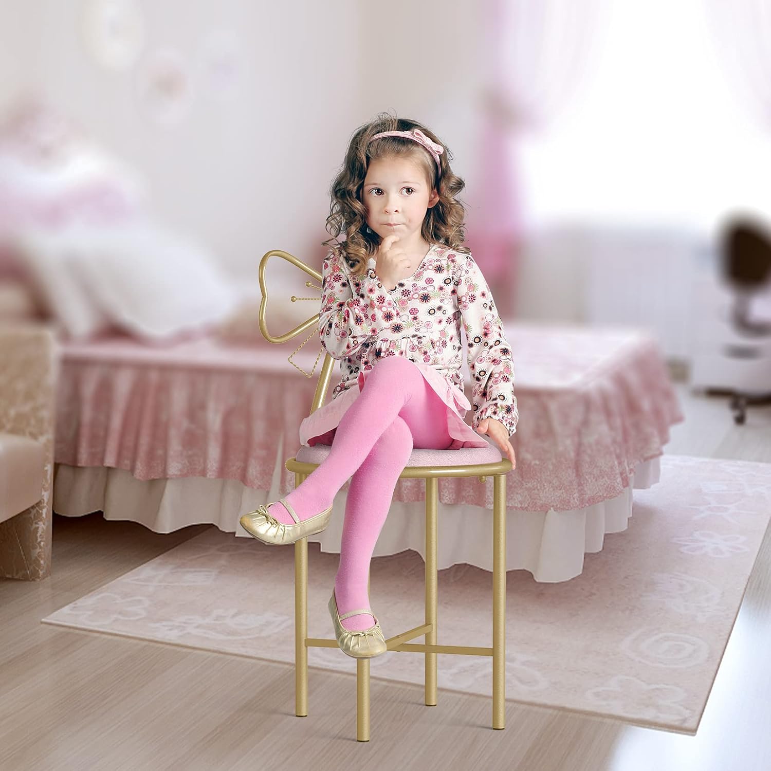 Best Deal Wisfor Pack of 2 Pink Bow Vanity Chairs Makeup Bedroom Chairs Stool with Bow Knot Backrest and Velvet Cushion for Girl Daughter Room (Pink)