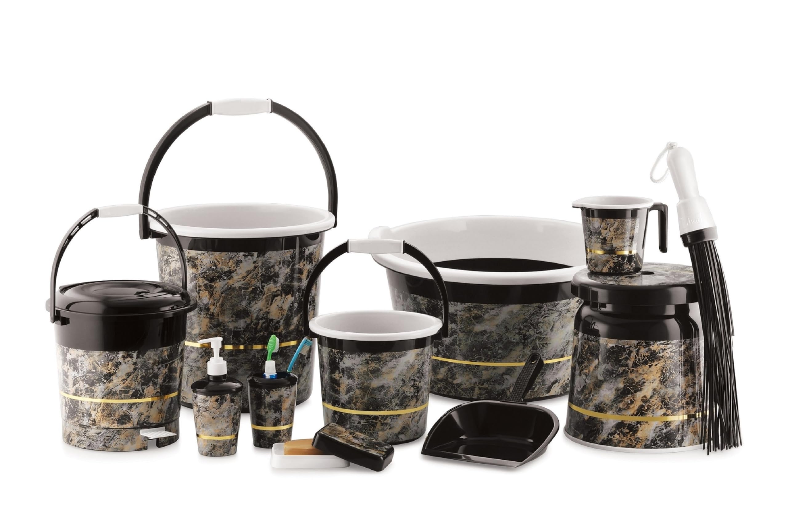 Nabhya Plastic Orry 11 Pc Luxurious Complete Bathroom Set & Accessory For Home, Kitchen & Bathroom Set Includes 20 L Bucket, 18 L Tub, Big Stool, Dustbin, And More With Granite Finish (Black) (B0CZF64Q5T) Amazon Price History, Amazon Price Tracker