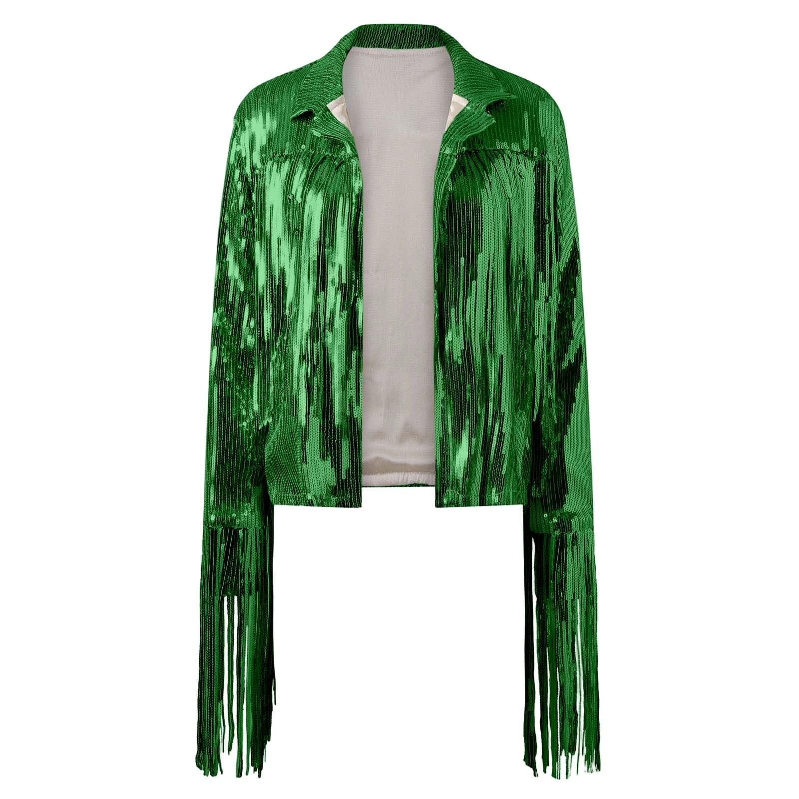 Generisch Disfraz de carnaval para mujer, chaqueta de lentejuelas con purpurina, chaqueta de los años 70 y 80, monocolor, hippie, ropa de calle, cárdigan frontal abierto con borla