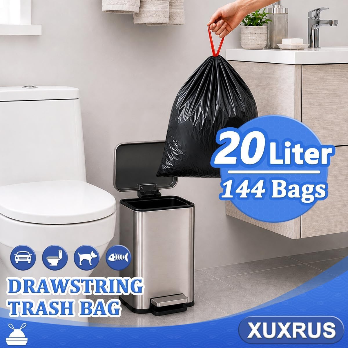 XUXRUS Tretmüllbeutel, 20 l, Badezimmer-Müllbeutel, klein, schwarz, 144