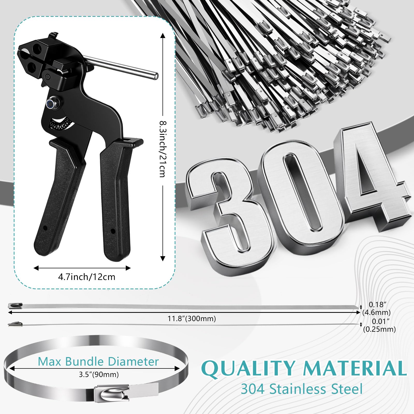 LEIFIDE Kit di 500 fascette in metallo con cerniera, 304 da 30 cm, in acciaio inossidabile 304, resistenti, autobloccanti, cavo di resistenza alla trazione per avvolgimento di scarico, recinzione