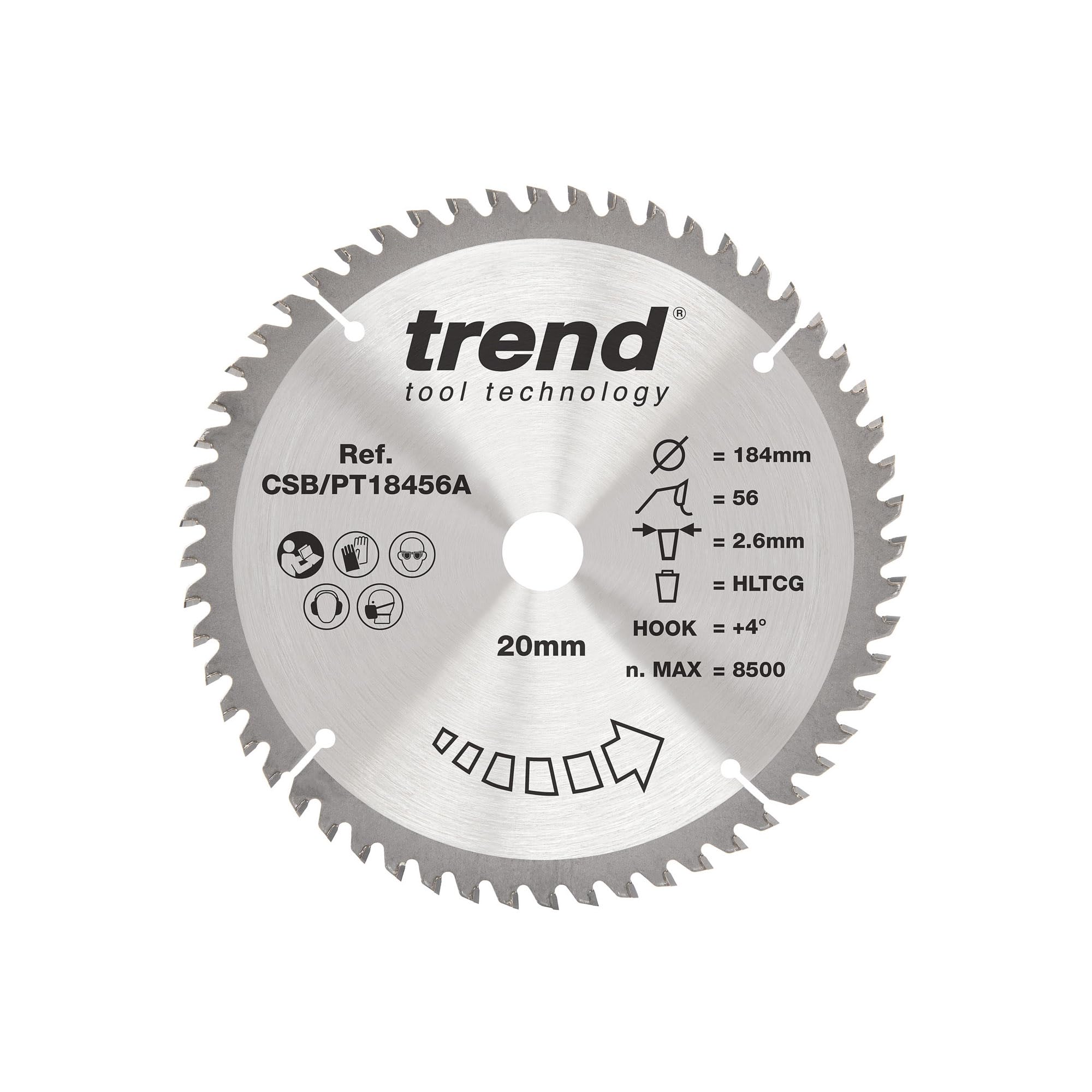 Trend Laminate & HPL Circular Saw Blade, 184mm Diameter, 20mm Bore, 56 Teeth, 2.6mm Kerf, +4° Hook, TCT, Super-Fine Finish, CSB/PT18456A