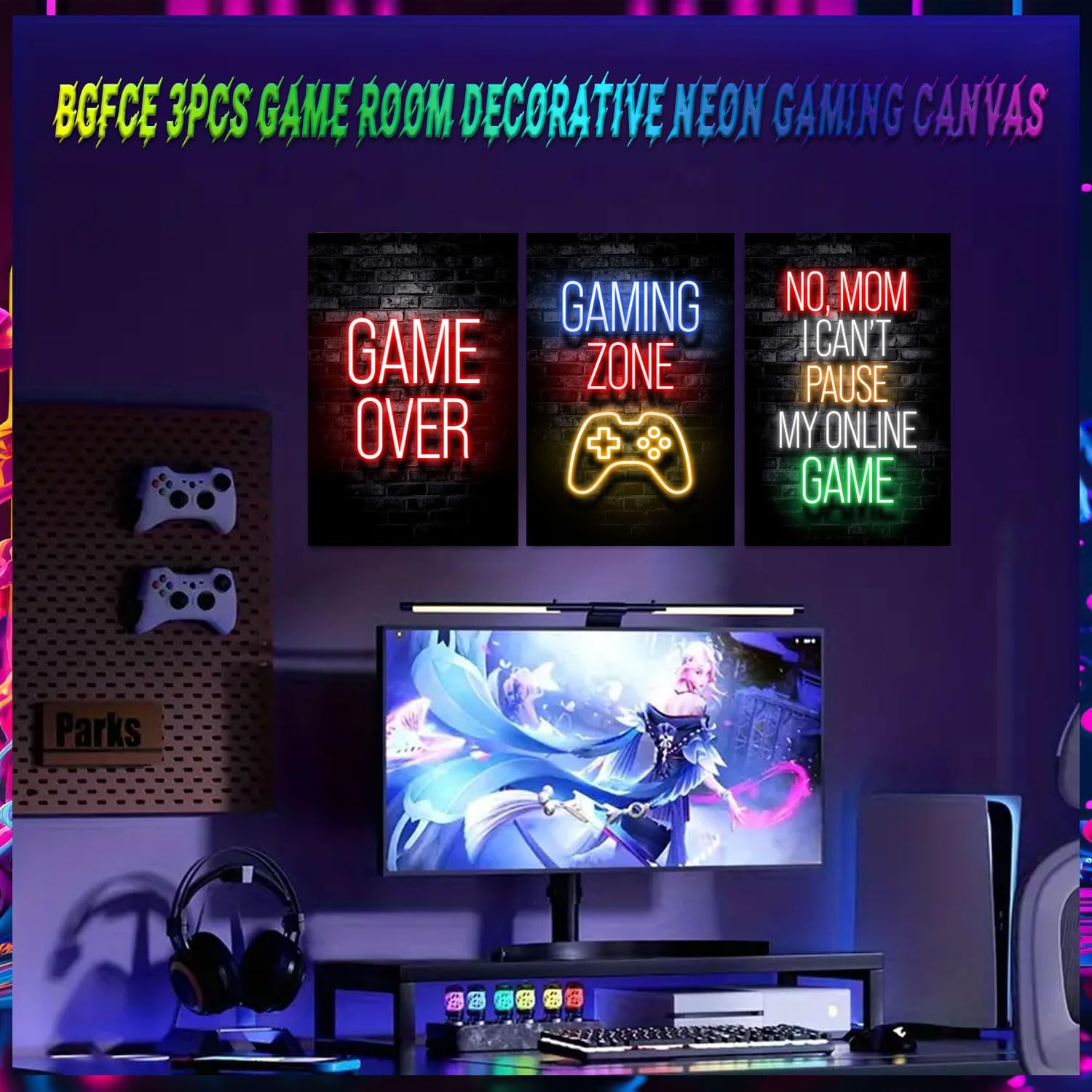 BGFCE Gaming-Poster auf Leinwand, Wanddeko fürs Jugendzimmer, Gamer-Deko fürs Jungenzimmer, Gaming-Wandbilder für Jungen, 61 x 40,6 cm, gerahmtes 3er-Set