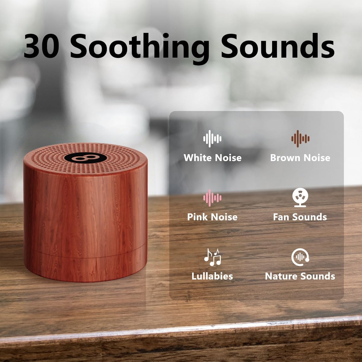 Tragbare weiße Rauschmaschine Mini-Soundmaschine mit 30 beruhigenden Geräuschen, wiederaufladbar für Erwachsene, Neugeborene, Kinder, Schlafmaschine, braunes Rauschen Maschine mit Memory-Funktion, 4