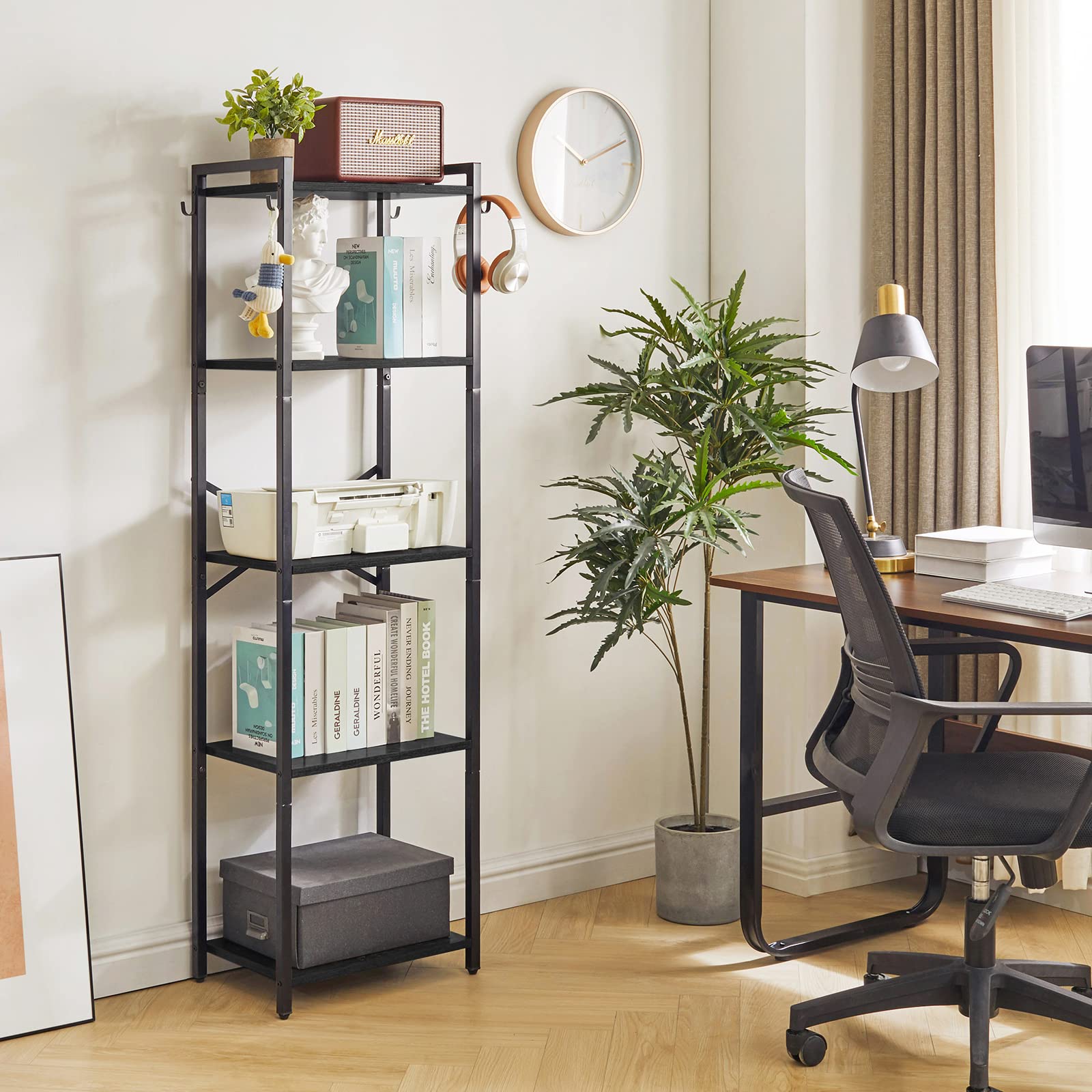 YMYNY Étagères à 5 Niveaux, Bibliothèque, Étagère de Rangement, Hauteur 147CM, Étagères Ouvertes, Éétagères de Bureau, Cadre en Métal, pour Salon, Bureau, Cuisine, Noir HBC005B