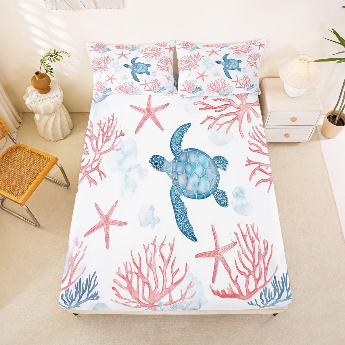 Manfei Sábana bajera ajustable de tortuga marina, tamaño King, juego de ropa de cama tropical hawaiana, 3 piezas, sábanas de estrella de mar coral con 2 fundas de almohada, decoración de habitación de