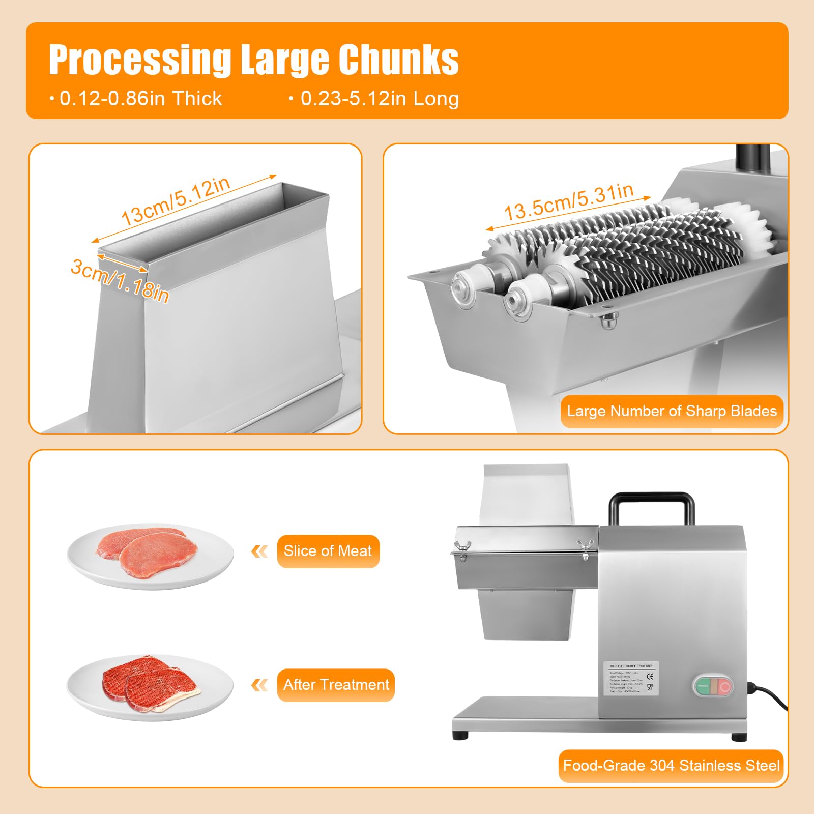 Electric Meat Tenderizer Machine, 110V 450W 304 Stainless Steel Electric Steak Machine 180RPM Commercial Meat Tenderizer Machine with 5.3-Inch Blades, Space Saving Meat Cuber Tenderizer for Pork Beef