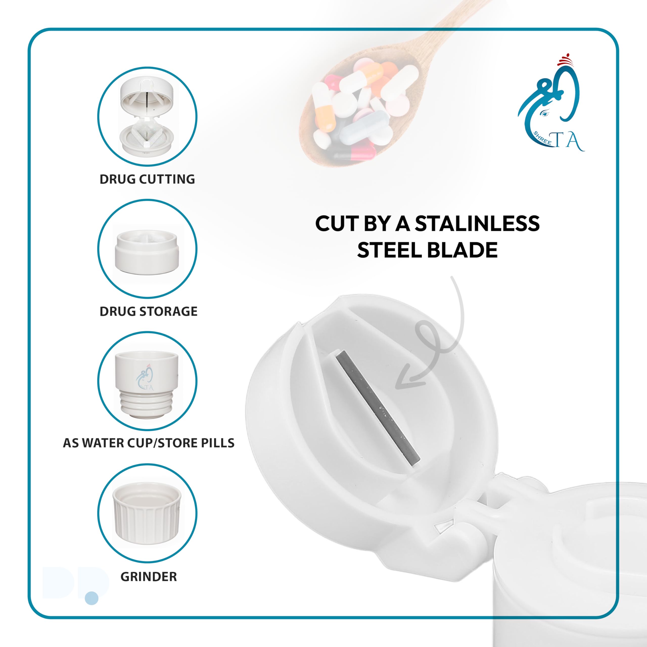 SHREETA Pill Cutter,Pill Crusher Grinder Splitter,Portable Mini Pill Cutter for Small or Large Pills,Medicine Tablet Vitamin Organizer with Storage Container 2