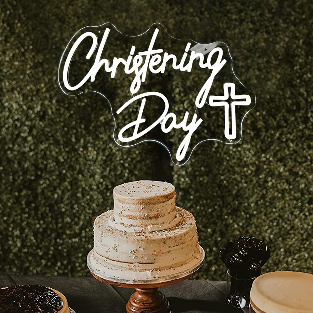 Christening Day Cross Neon Signs Led Neon Light Sign for Christening Party Baby Shower Gifts Christening Decorations for Baby Girls or Boys God Bless Backdrop Banner