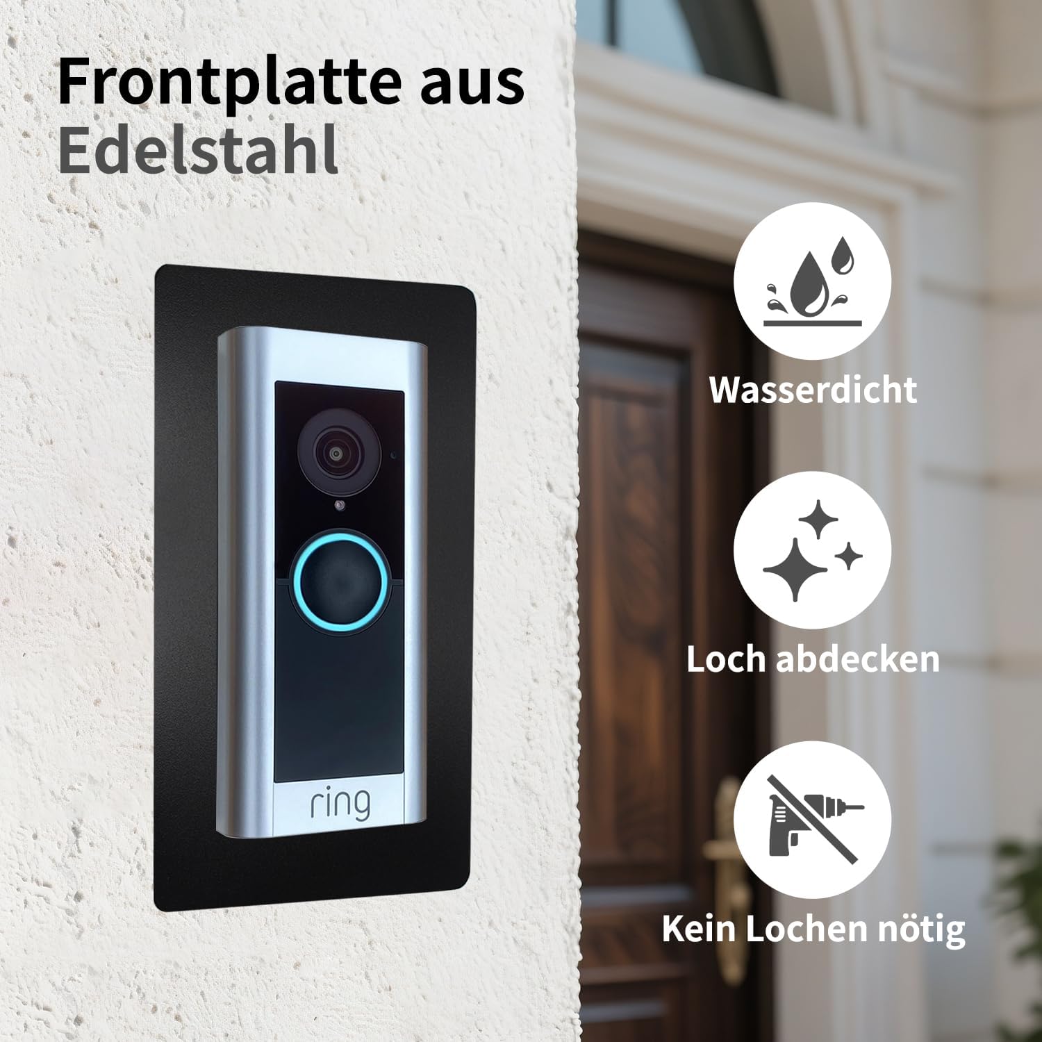 Wall Repair Plate for Ring Doorbell Pro 1 & 2, Stainless Steel Cover to Conceal Holes, Scratches & Cables, Decorative Mounting Bracket for a Flawless Look, Black (T85)