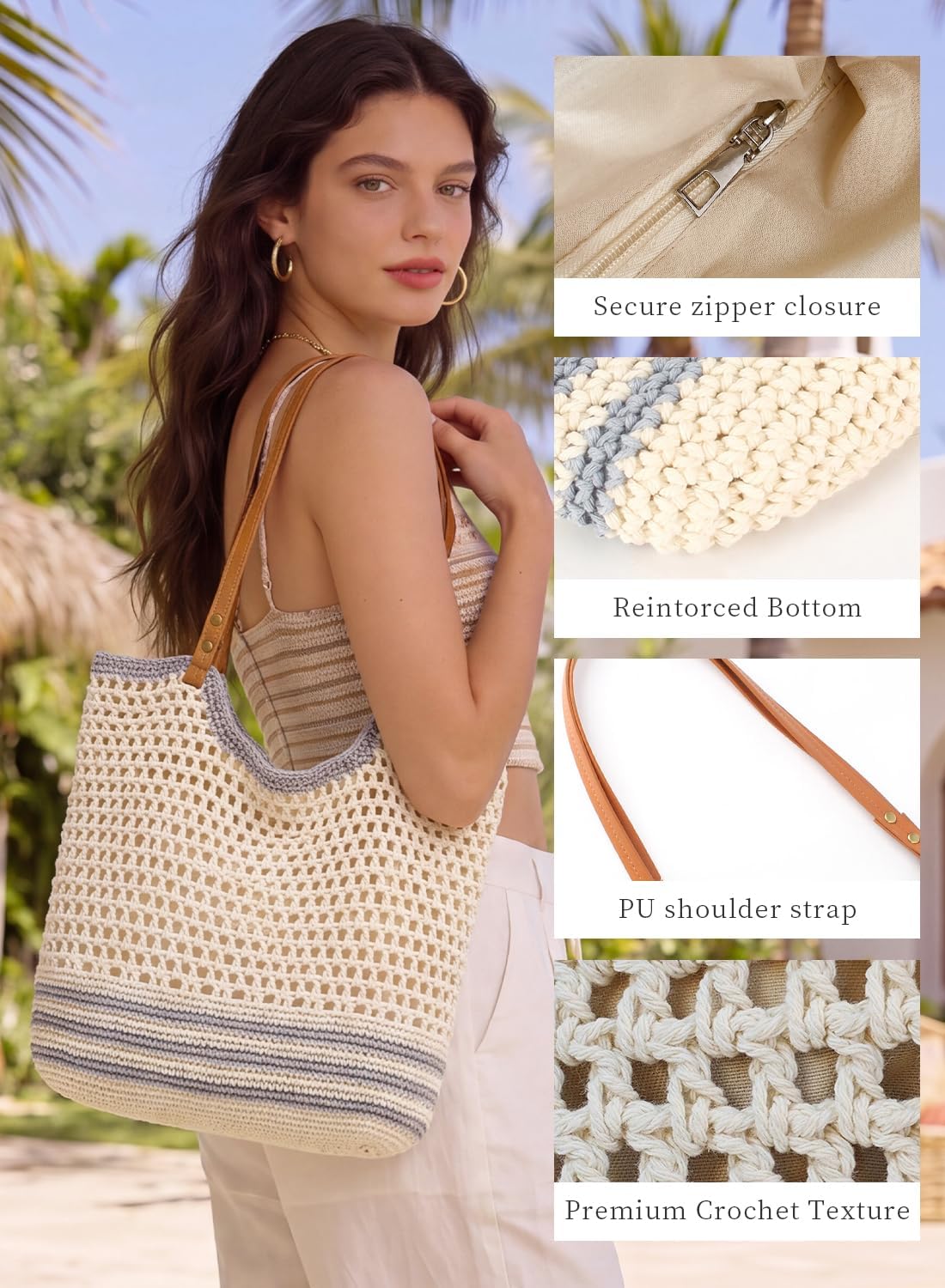 Crochet Beach Bags for Women, Summer Woven Boho Tote Bag with Zipper Lining, Shoulder Handbag Purse for Vacation