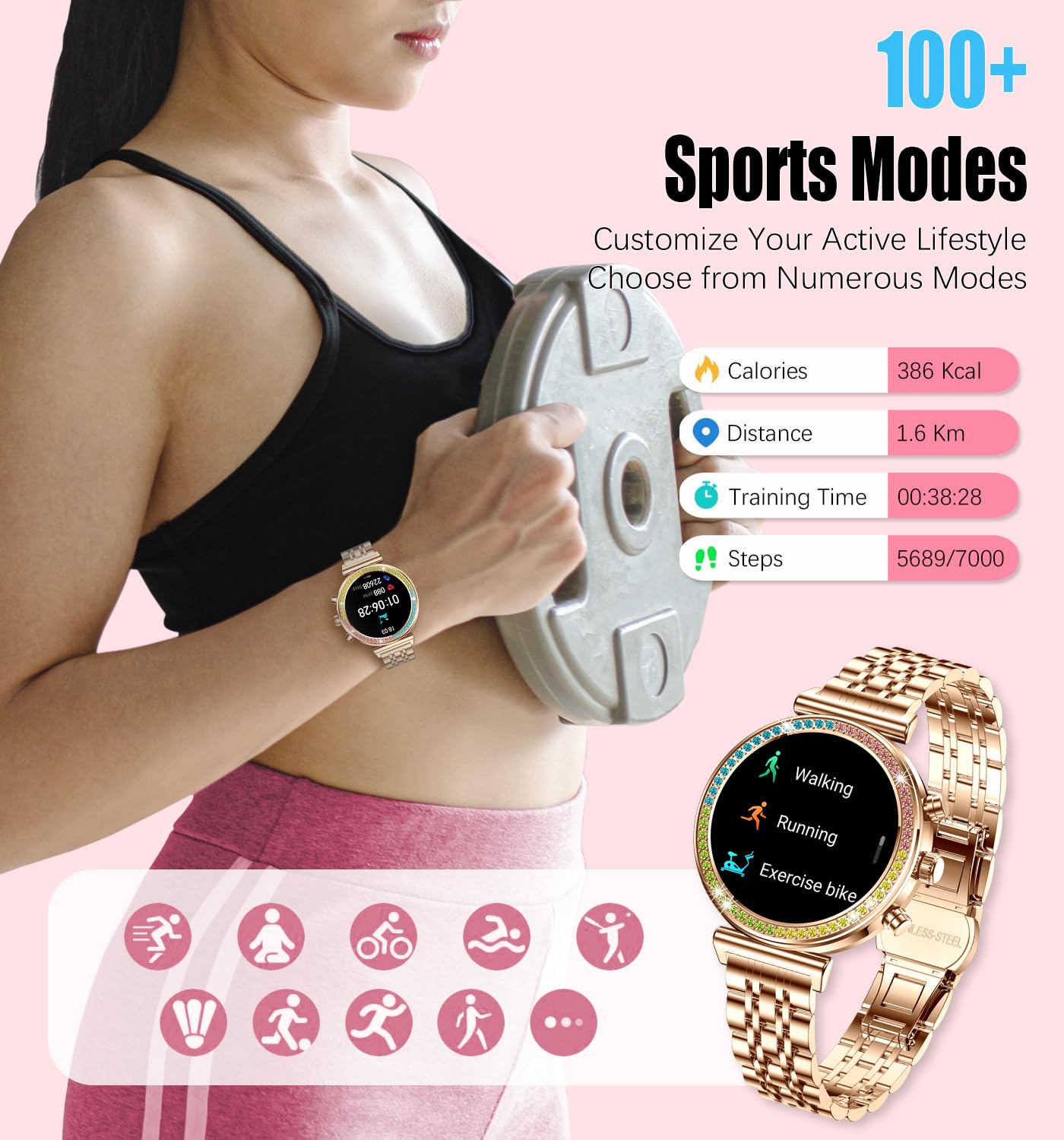 Reloj inteligente de fitness para mujer, pantalla HD de 1.25 pulgadas, llamadas Bluetooth, reloj inteligente deportivo impermeable para mujer, monitor de frecuencia cardíaca, podómetro,
