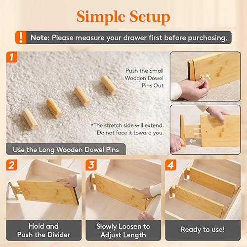 Miniatura 6 de Lifewit Paquete de 6 separadores de cajones de bambú de 6 pulgadas de profundidad, organizadores de cajones expandibles de 17.5 a 22 pulgadas para