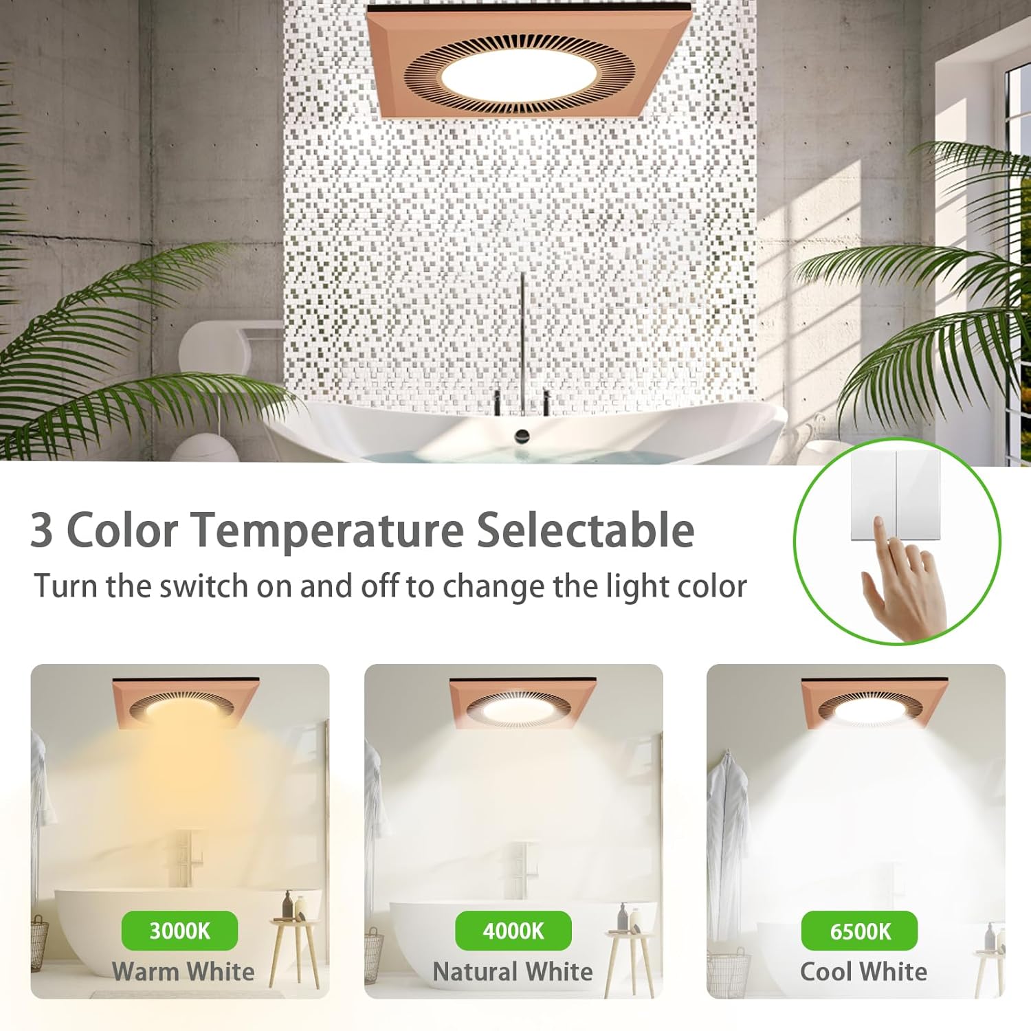 Bathroom Exhaust Fan with LED Light, Quiet Ventilation Bath Fan Combo for Ceiling,Vent Fans 374 CFM Adjustable Light 3000K/4000K/6500K for Laundry Shower Restroom Farmhouse