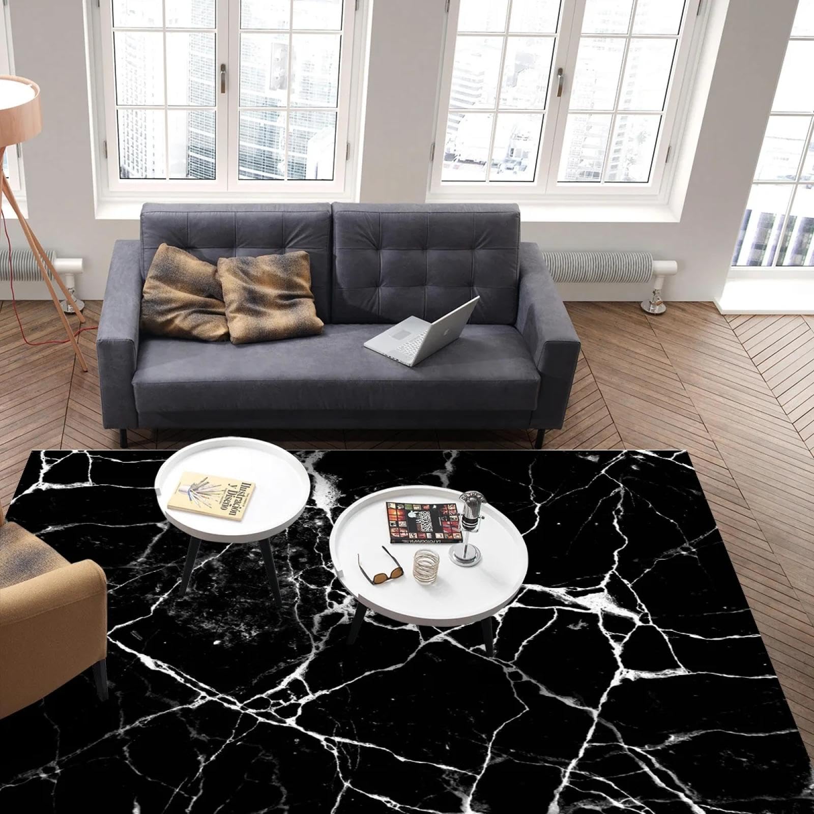 Tapis de Sol en marbre Noir craquelé Blanc, pour Salon, Chambre d'enfant, Chambre à Coucher, Chevet, Porte de Cuisine, 40x60cm