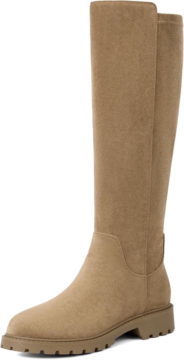 Knee High Boots for Women Rounded Toe Flat Stretchy Tall Long Boots