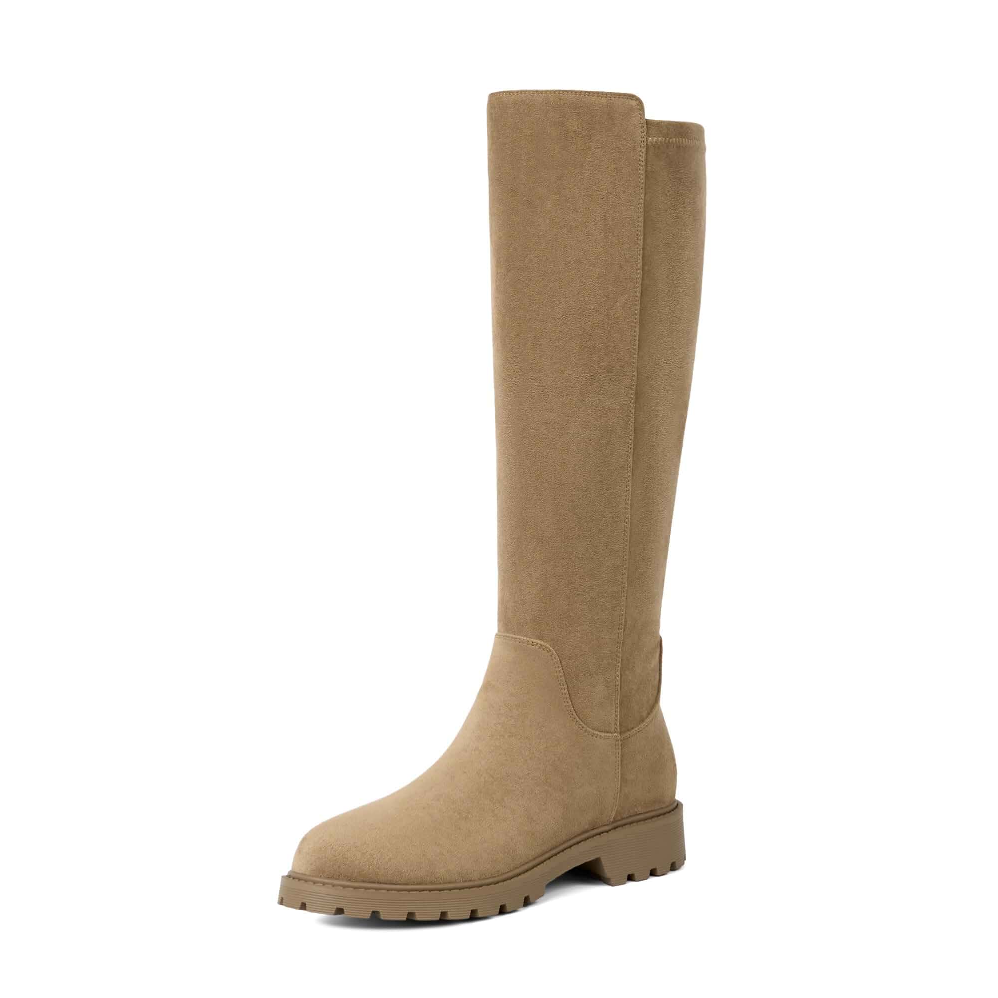 Knee High Boots for Women Rounded Toe Flat Stretchy Tall Long Boots Side Zipper, Pull-On, Low Block Heel Riding Boots, Elastic Fall Winter Fashion Dress Tall Boots, Evening Bridal office Boots