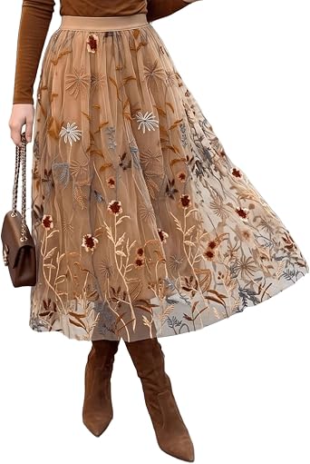 CHICWISH Women Floral Embroidered Tulle Skirt Flared A Line High Elastic Waist Mesh Double-Layered Midi Skirt
