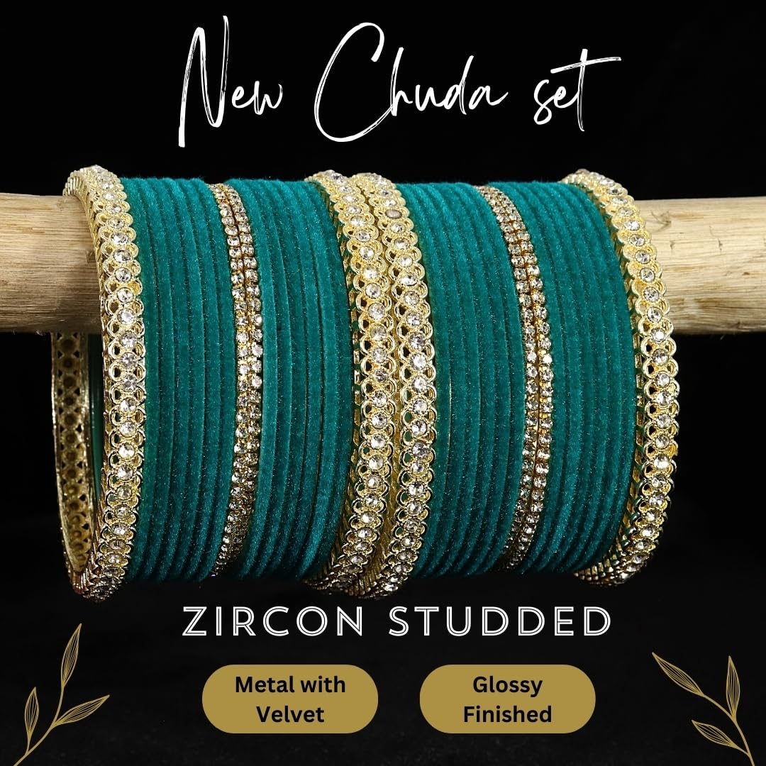 LAVAZZA Gold Plated Metal Velvet Bangles Short Chuda Set For Women & Girls with Zircon Gemstone | Radium Teal Colour Bangles| Ladies Bangles | Stone Work Bangles | Set of 32 -(LV_FMS6-Radium-2.6) 3