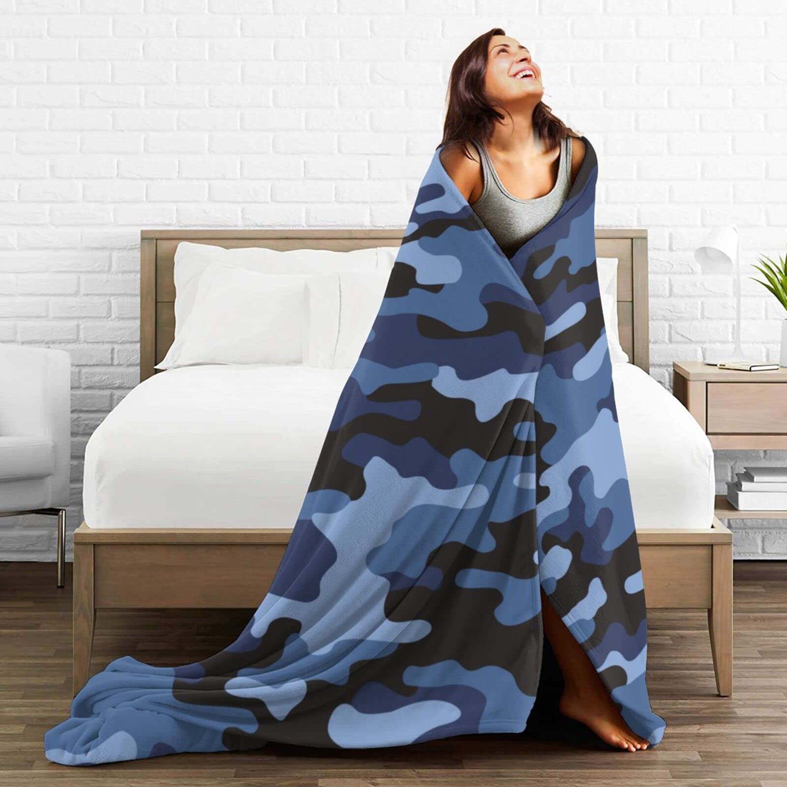 Perinsto Coperta Mimetica Blu Navy In Microflanella - 160x150 Cm, Morbida E Calda Per Letto, Divano, Viaggi E Campeggio