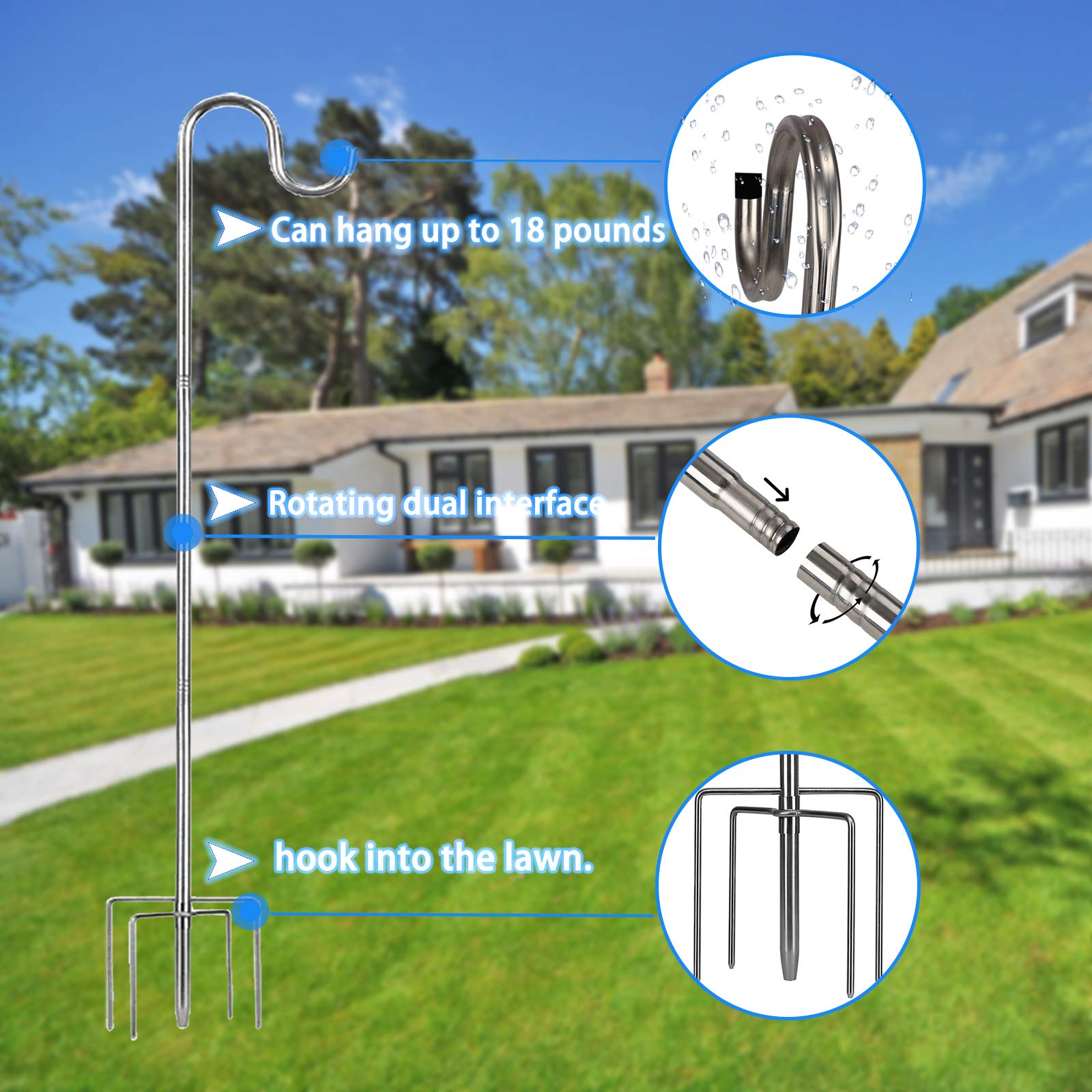 HOME RIGHT Poste de comedero para pájaros, 234 cm, ajustable, ganchos de jardín de pastores, ganchos de jardín resistentes de metal de 5 puntas, gancho para colgar luces, macetas, farolillos para