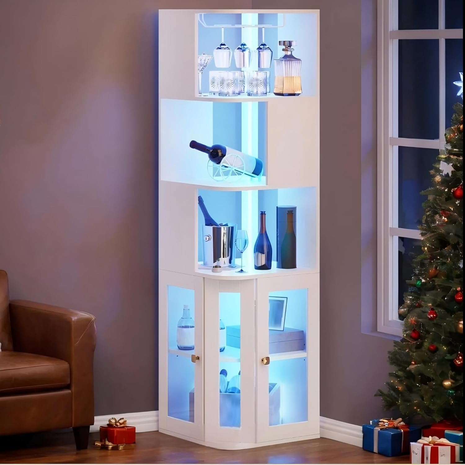 YITAHOME Corner Wine Cabinet with LED Lights & Glass Holder, Corner Bar Cabinet with Tempered Glass Door & Adjustable Shelves, Liquor Bar Rack Cabinet for Living Room, Dining Room, Kitchen, White
