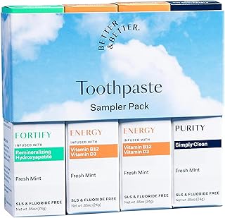 Better & Better Toothpaste Sampler Pack | Fluoride Free, SLS Free Toothpaste for Sensitive Brushers | 4 CT Mini Tubes | Fresh Breath with Organic Mints | Natural, Vegan, Whitening Toothpaste