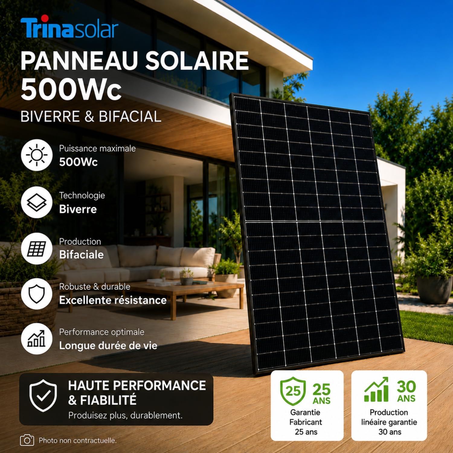 Lot de 2 panneaux solaires 500Wc Monocristallin Bifacial Bi-verre Transparent TrinaSolar – Haute Performance – Garantie 25 ans