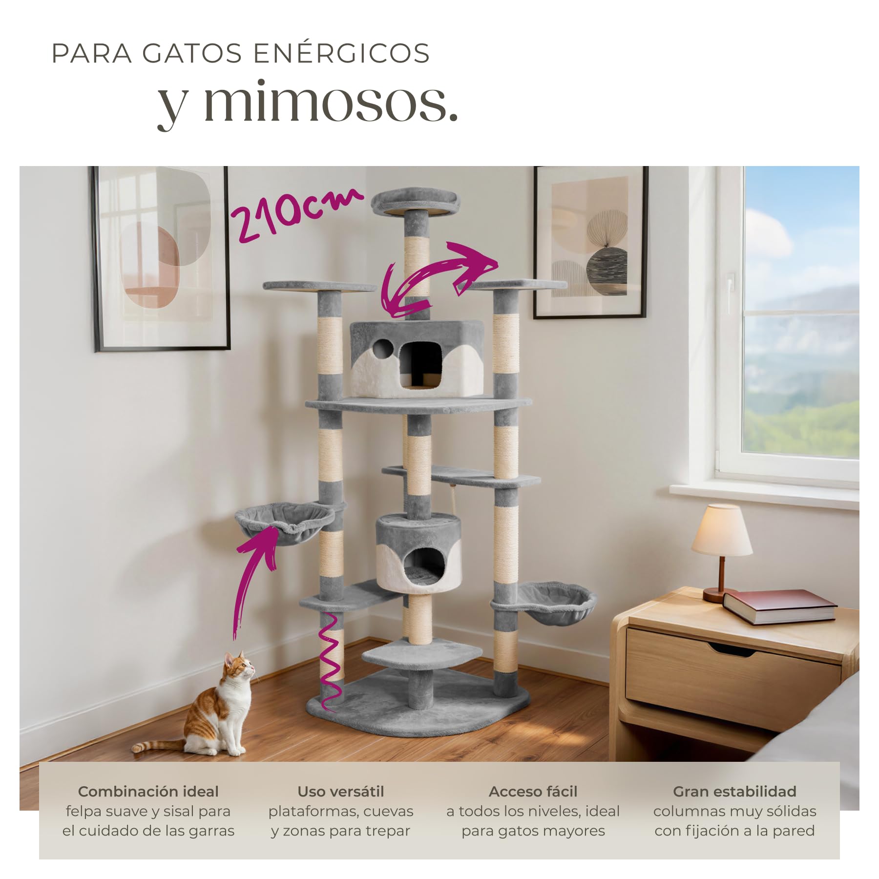 tectake® Rascador Árbol para Gatos 4 Plataformas, 2 Casetas, Varias Alturas, 2 Nidos Basculantes, Rascador para Gatos Grandes, Árbol Rascador para Gato, Casa para Gato - 201 cm Gris/Blanco