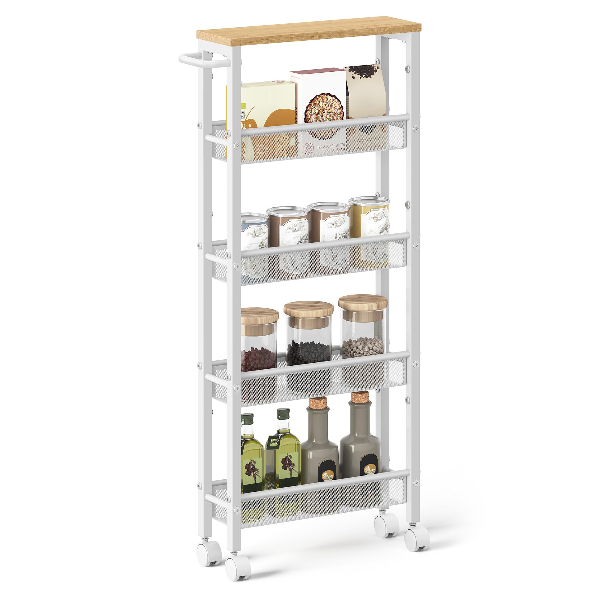 VASAGLE 5-Tier Slim Rolling Cart, Narrow Oak Beige/White