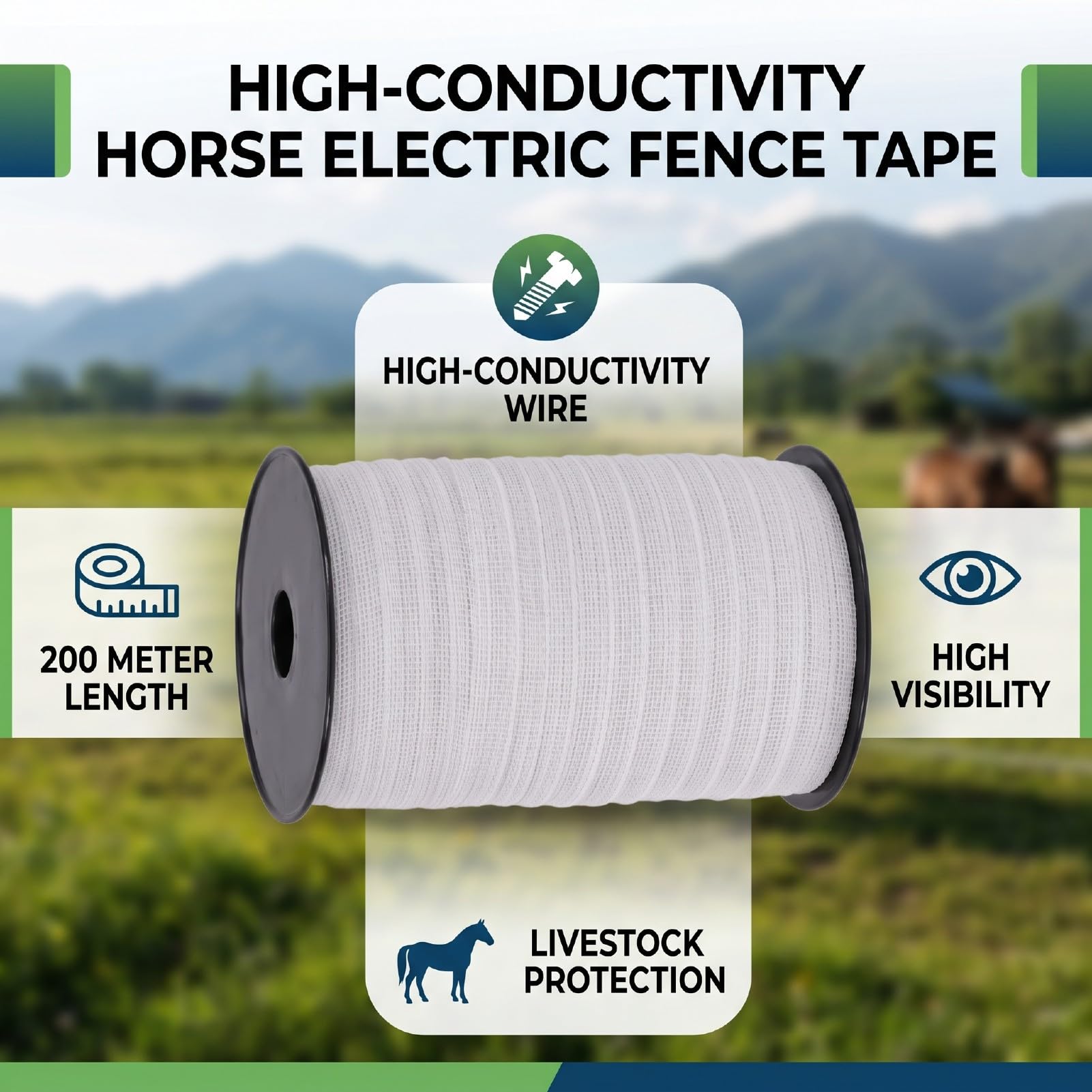 Bewinner Cinta de Cerca Eléctrica de 200m, Alambre de Acero Inoxidable de Alta Conductividad, Cinta para Cercado de Caballos para Rancho, Granja, Barrera Ganadera Portátil