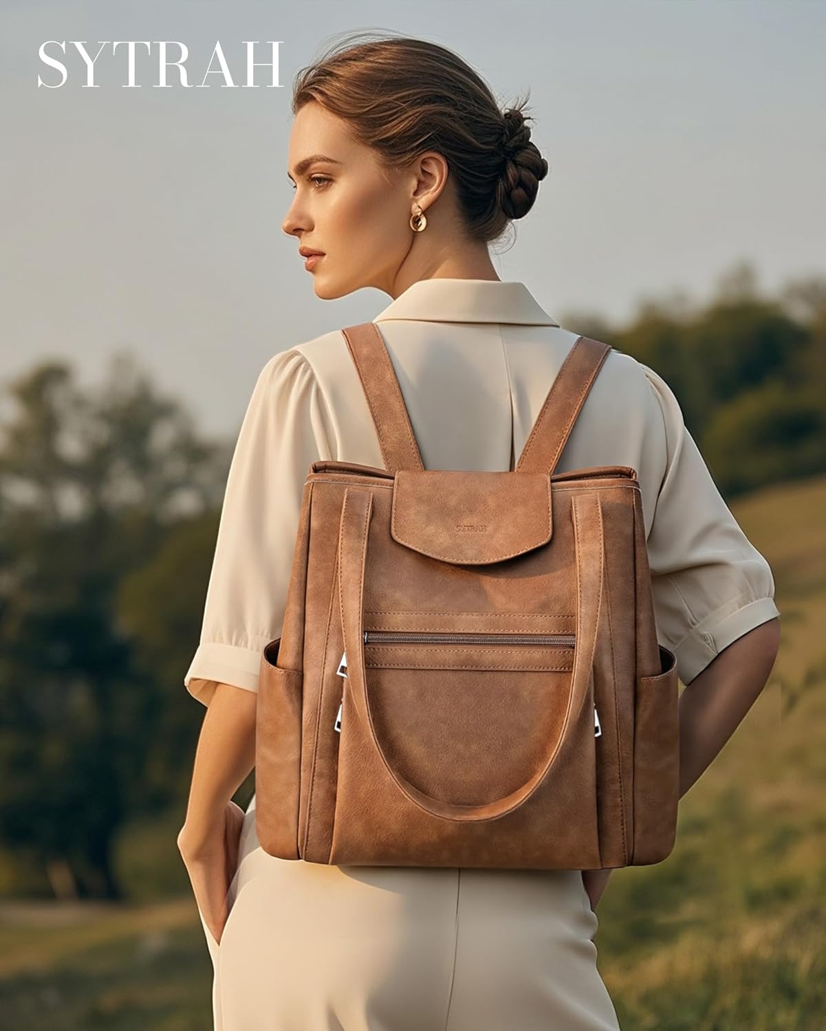 Laptop Bag for Women Designer Leather Laptop Backpack Purse, 16 inch Computer Tote Bags for Work Travel with Satchel Purse Brown