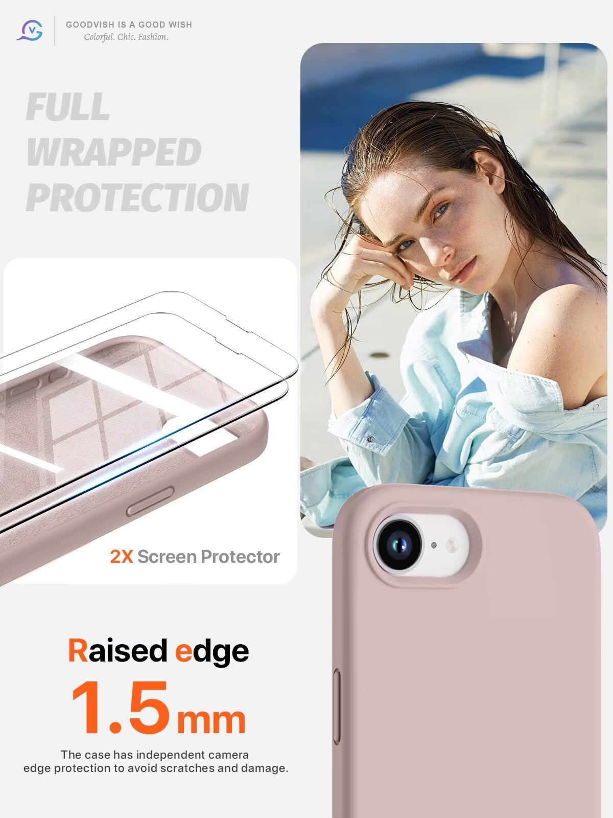 GOODVISH 3 in 1 Silicone Cover per iPhone 16e 6.1", Custodia con 2 Pellicola Vetro Temperato [Protezione Fotocamera] Protezione Anticaduta Case per Cellulare Antiurto Resistente, Rosa Sabbia