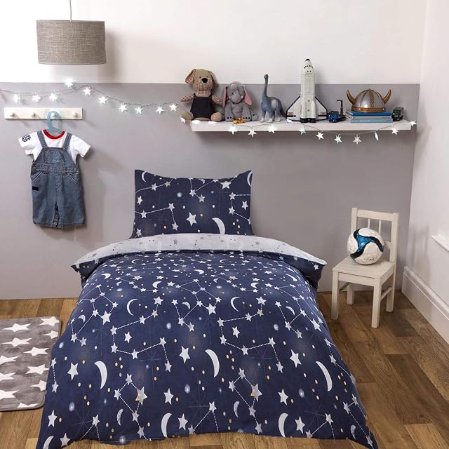 Dreamscene Moon Stars Galaxy Duvet Cover with Pillowcase Reversible Night Sky Bedding Set for Toddler, Navy Blue Grey Stars - Junior/Cot Bed Size