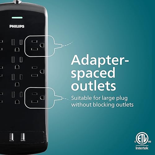 Miniatura 3 de Philips Regleta protectora contra sobretensiones de 10 tomas, 2 puertos de carga USB, cable de alimentación de 6 pies de largo, enchufe plano,