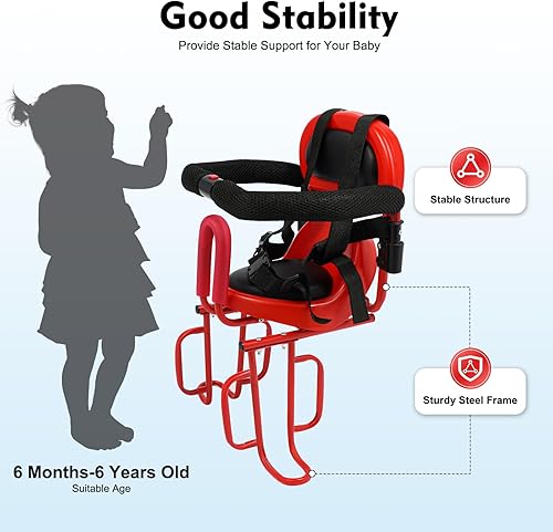 Miniatura 10 de Asiento de bicicleta para niños, asiento de bicicleta infantil montado en la parte delantera con cinturón de seguridad y pasamanos, asiento de