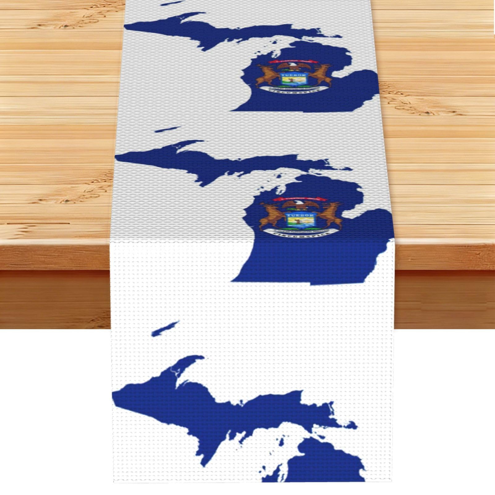 Michigan State Flag Map Vintage Style Table Runner 13x72in, Soft Printed Centerpieces for Tables, Kitchen, Countertops & Dining Area Home Decor