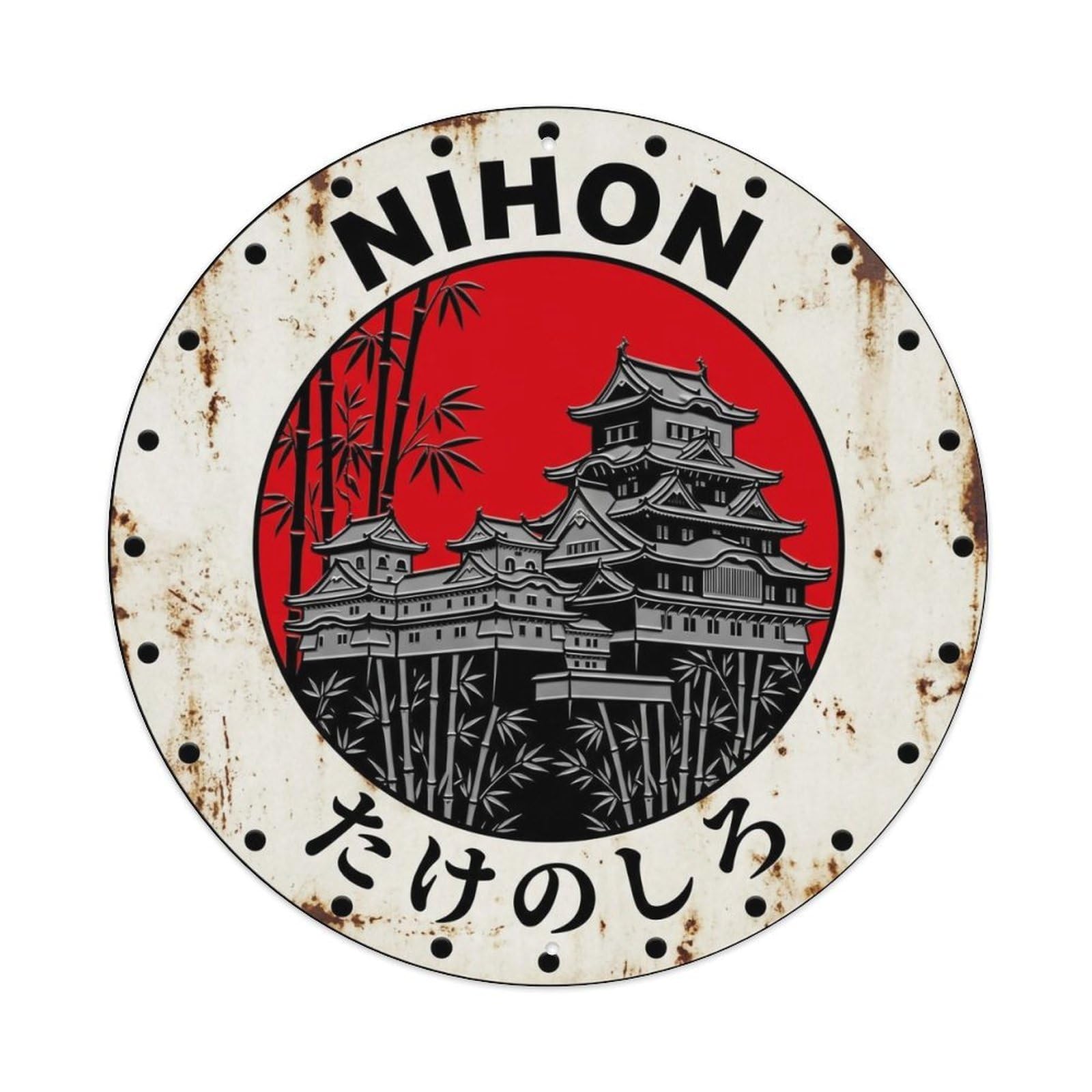 Bamboo Castle Nihon Fortress Building Aged Metal Tin Sign