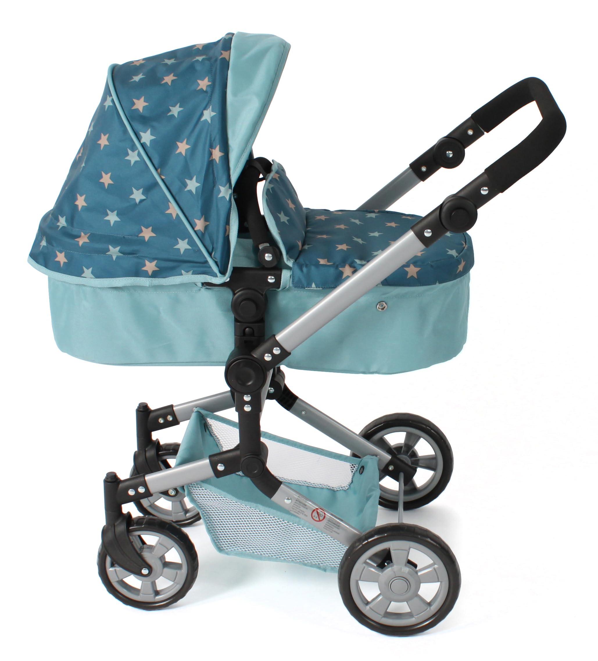 Bayer Chic 2000® 2 w 1 wózek dla lalek Linus - gwiazdka turkusowa - składana, z regulacją wysokości 47-78 cm – lalki do 52 cm, 4-8 J.