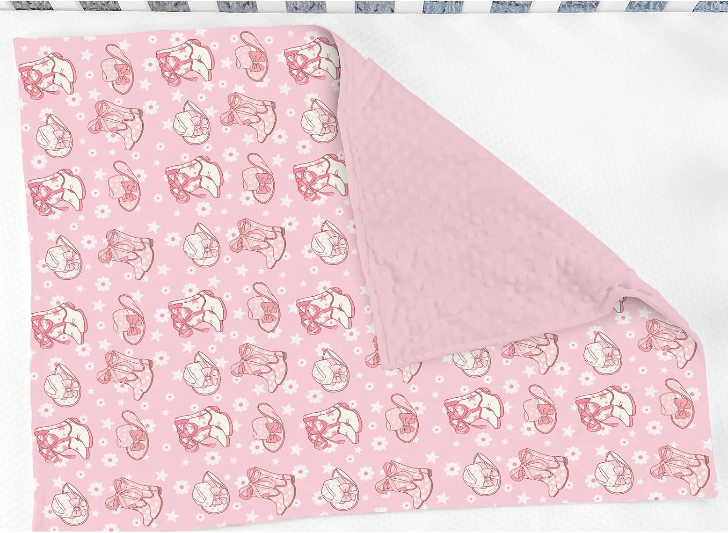 Pink Floral Bows Cowgirl Boots Hat Baby Blanket for Girl Boho Western Cowgirls Stars Soft Mink Dotted Backing Double Layer Swaddle Receiving Blanket for Toddler Nursery Country Bed Blanket 30x40
