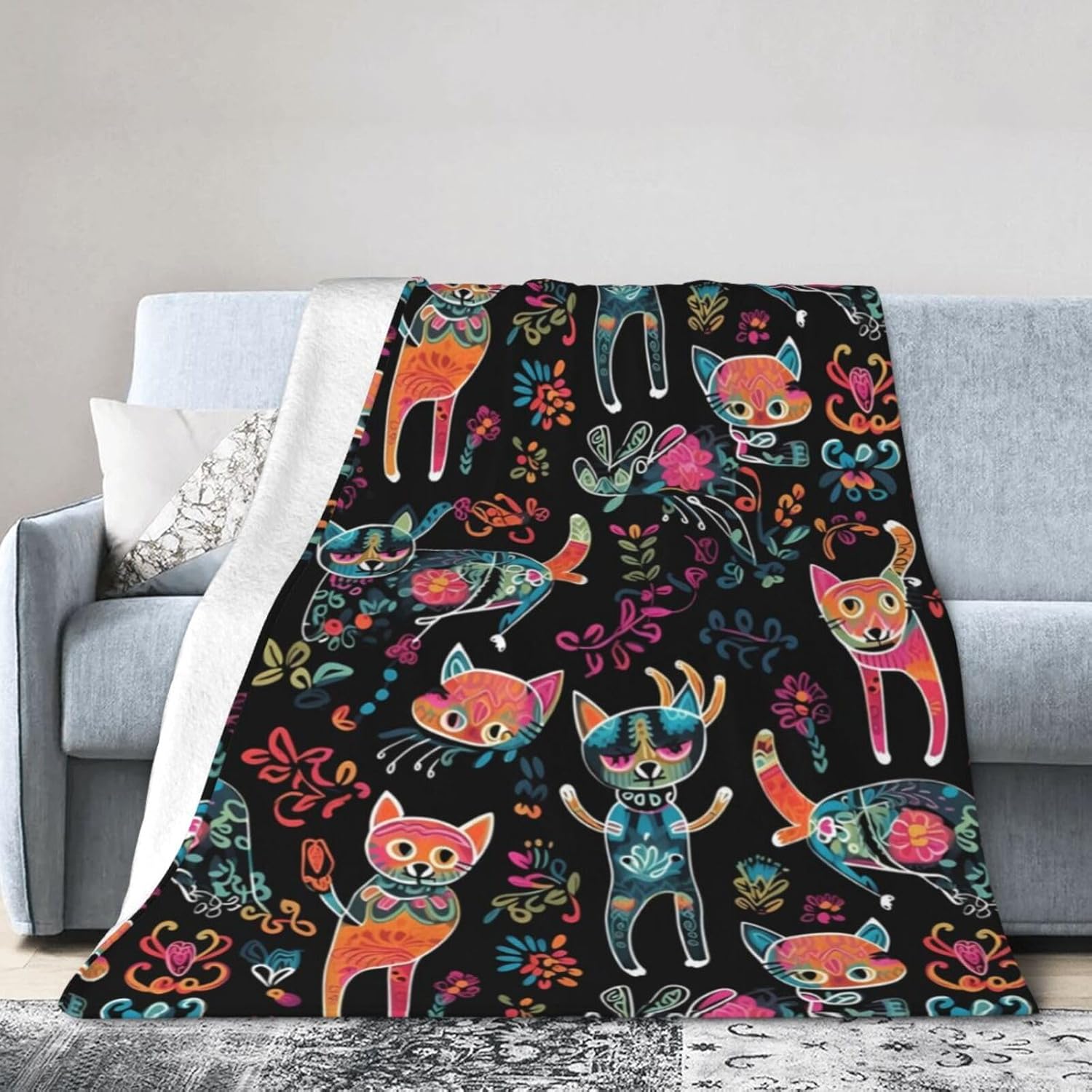 Ouqiuwa Day of The Dead Cat Kitten Sugar Skull Throw Blanket Plush Microfiber Flannel Fleece Blanket 80"X60" for Bed Sofa Couch Camping Travel