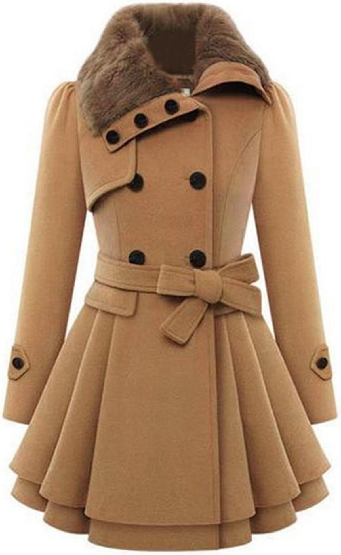 Zeagoo Women's Fashion Faux Fur Lapel Double-Breasted Thick Wool Trench Coat Winter Warm Jacket S-2XL